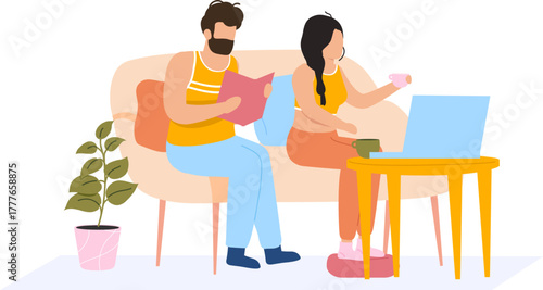 Couple relaxing at home reading and using laptop