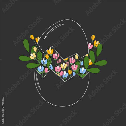 Contour Cracked Eggshell and Flowers Doodle Chalk Effect Unusually Creative Design Outline with Flat. Isolated Vector illustration Easter Themed Cards Greeting Party Invite Banner, leaflet, label, tag
