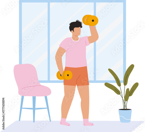 Man doing home workout with dumbbells