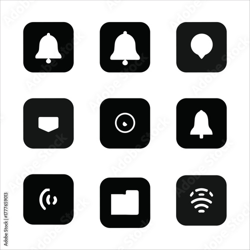 Collection of nine black notification and system icons on a