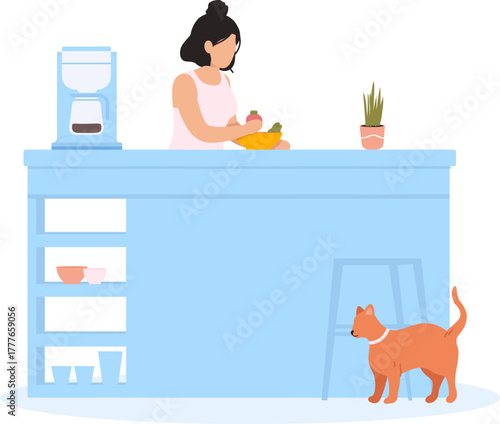 Woman cooking and preparing food in kitchen