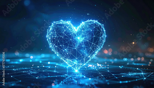 Glowing blue heart shows hopeful concept for ethical ai development. This digital plexus network symbolizes future of connection, innovation, love and technology