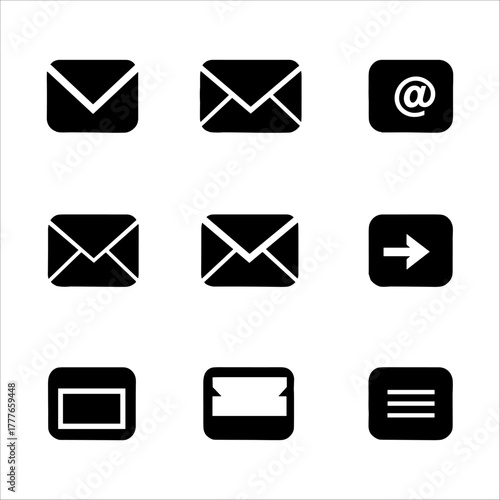 Set of nine black icons representing communication and interface elements