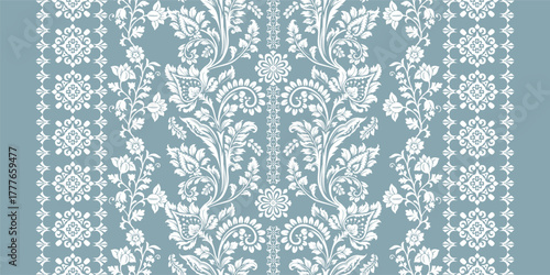 floral pattern vintage ethnic modern embroidery texture boho design vector illustration hand drawn pink flower motif branches leaves wallpaper seamless background border.	