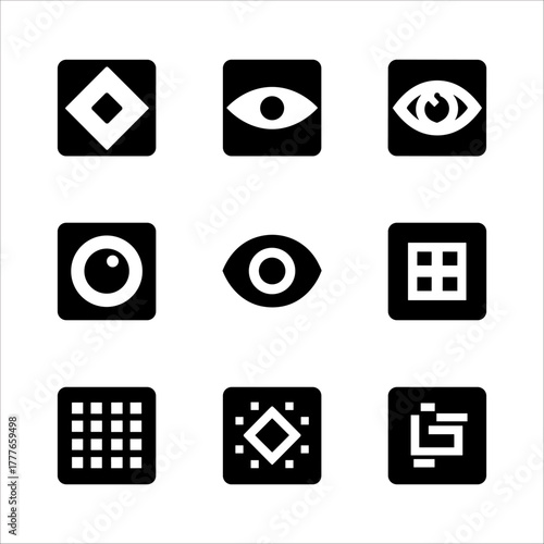 Collection of nine black geometric icons on a, including eyes, grids, and diamonds