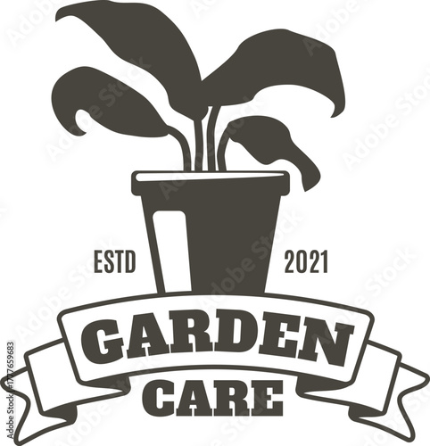 Potted plant silhouette with Garden Care ribbon logo