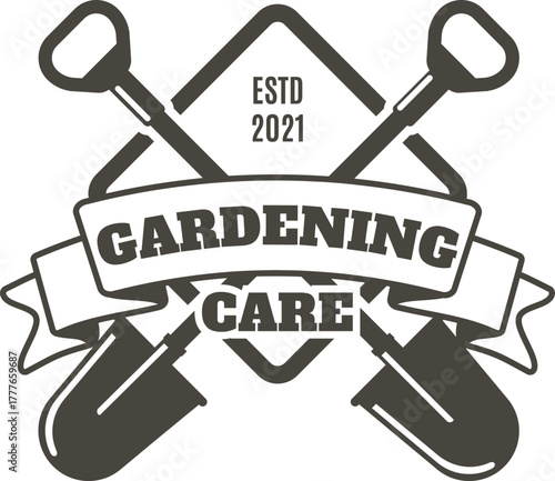 Gardening care emblem with crossed shovels and banner