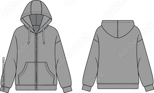 Zip up hoodie fashion flat, technical CAD drawing, front and back view sweatshirt template, vector garment illustration with kangaroo pocket and hood