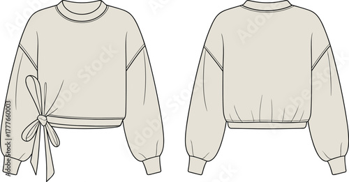 Side tie sweatshirt flat sketch, fashion CAD drawing, long sleeve pullover template, apparel design vector, front and back clothing illustration, flat vector