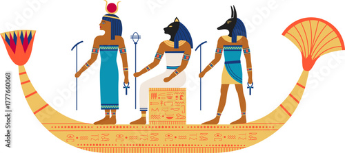 Ancient Egyptian gods sailing solar barque mythology