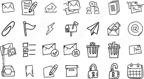 A collection of doodle-style vector icons themed around email essentials.