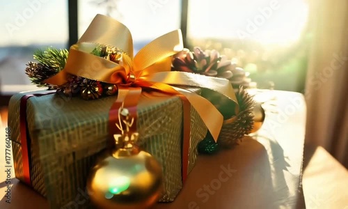 Parcel dihias dengan pita dan bulatan berwarna emas yang cantik saat perayaan 