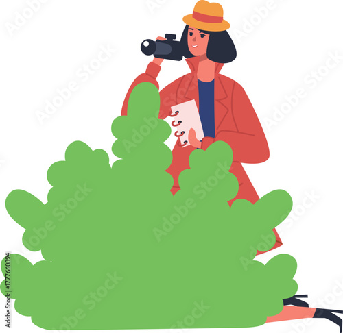 Woman detective investigating, hiding and observing behind bush