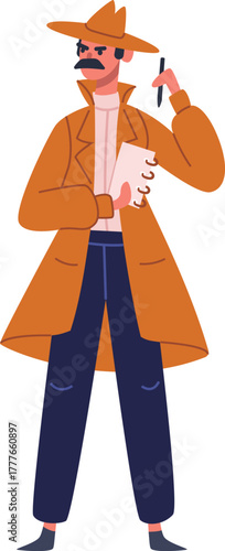 Investigator man holding notepad and pen gathering evidence