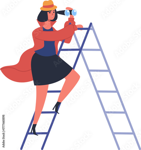 Woman spy with binoculars climbing ladder looking for information