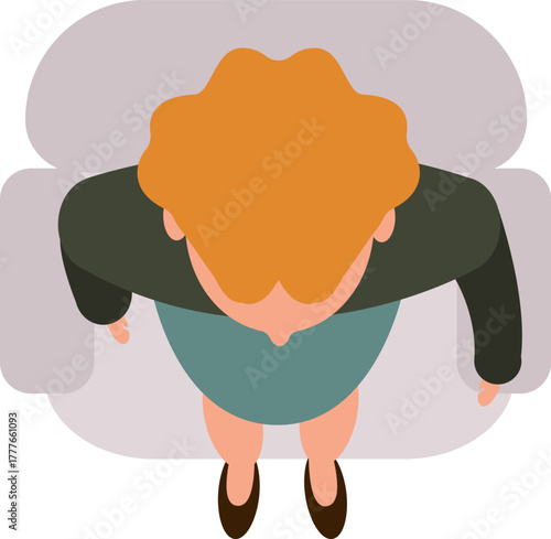 Person with red hair sitting on chair top view