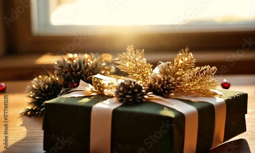 Bingkisan saat hari raya berwarna hijau di balut pita keemasan sangat indah 