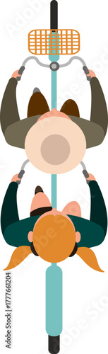 Couple riding tandem bicycle together top down view vector