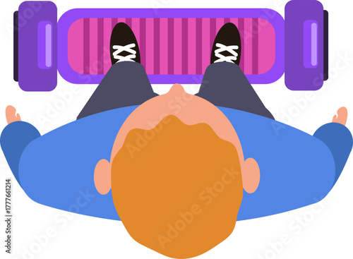 Person riding self balancing electric scooter top down view