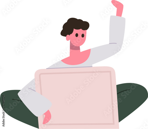 Person sitting cross legged working on laptop waving