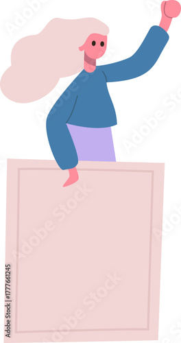 Woman activist holding blank protest sign raising fist