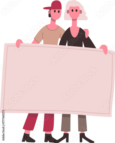 People standing together holding protest sign banner