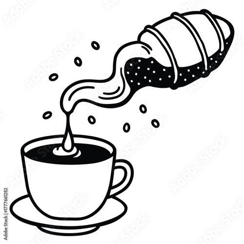  A surreal shot of a coffee cup pouring liquid upwards into a floating croissant in zero gravity