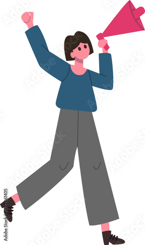 Activist woman shouting on megaphone protesting for rights