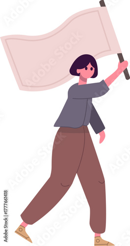 Woman activist marching holding blank flag protesting for rights