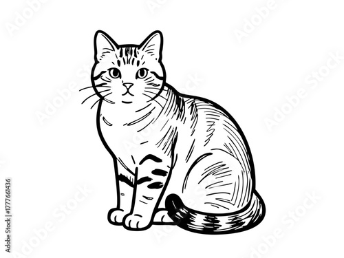 Simple line art illustration of an American Shorthair cat, minimal pet outline on white background