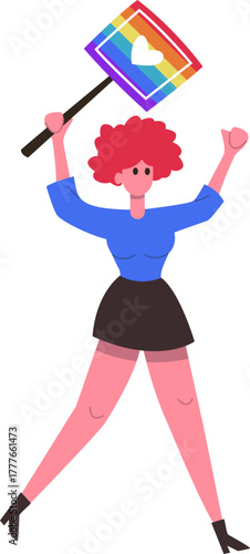 Woman holding rainbow pride flag at protest expressing LGBTQ plus rights