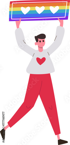 Person holding rainbow heart banner for LGBTQ pride