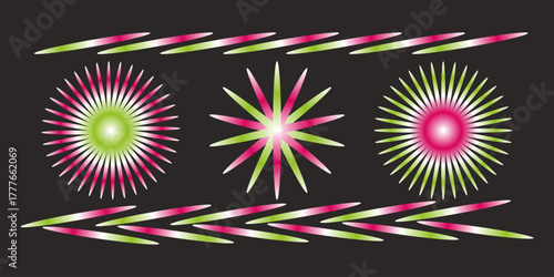 Set rotation artistic  neon-outlined icons symbols in pink-green gradient style, black background