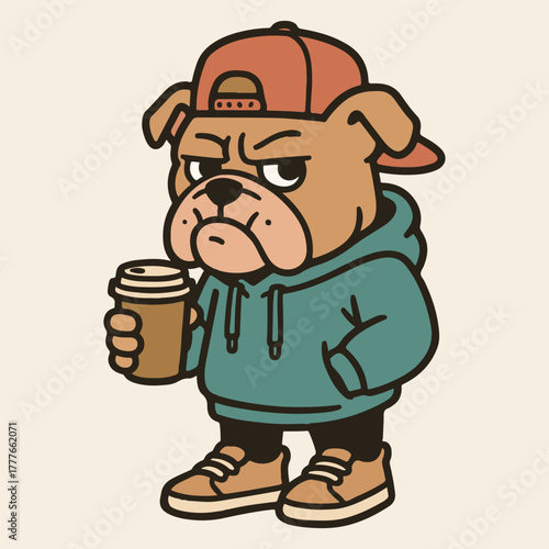 Urban streetwear bulldog mascot holding coffee cup flat color cartoon illustration