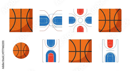 Basketball layouts and icons presenting various courts in different shapes and designs