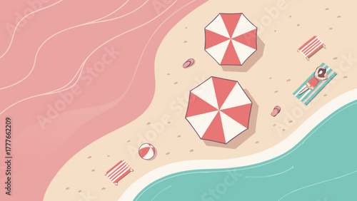 Topdown view of a tranquil beach with umbrellas, towels, and a person sunbathing, capturing the essence of a relaxing summer getaway