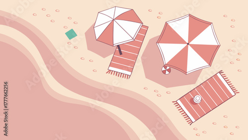 Overhead view of a serene beach scene with umbrellas, towels, and gentle waves creating a peaceful and relaxing summer vacation atmosphere