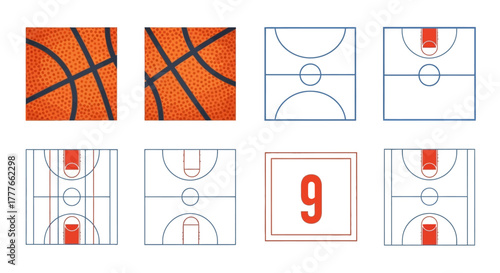 Illustrative basketball elements showcasing balls, court layouts, and the number nine