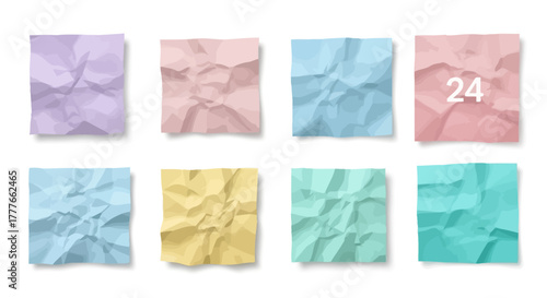 Collection of eight digitally created crumpled paper squares in various pastel colors