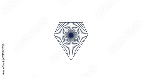 A dark blue geometric shape with converging lines radiating from a central abstract form