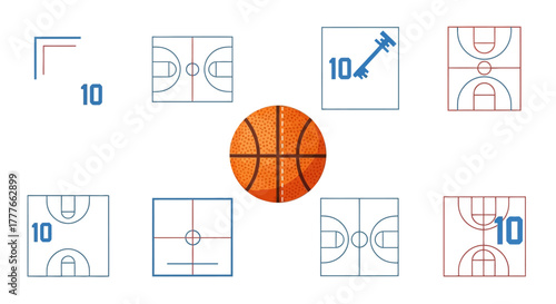 Geometric basketball courts and ball symbolizing teamwork and sports education