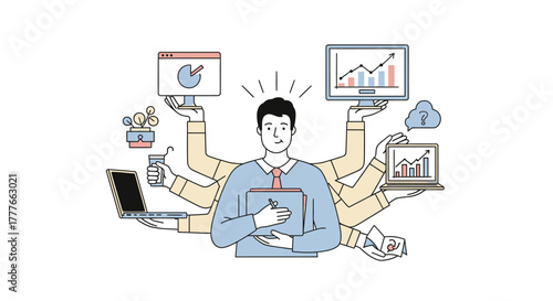 Illustration of a multitasking professional managing various tasks and responsibilities effectively
