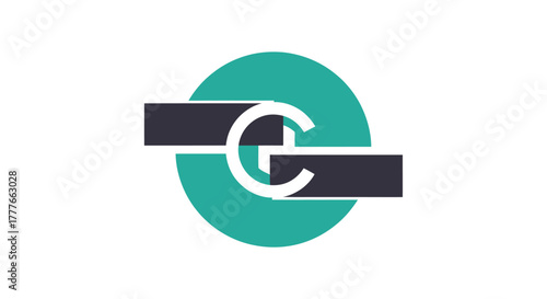A circular design features a teal circle, two intersecting bars, and a white, curved shape