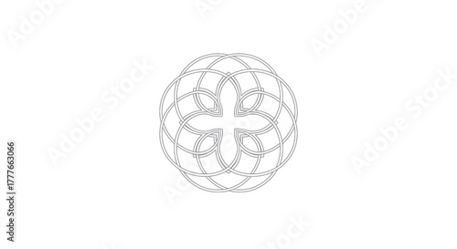 A symmetrical, grey-lined floral-cross design on a white background. Detailed geometric form