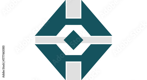 A teal and gray geometric emblem featuring a diamond at center, surrounded by shapes