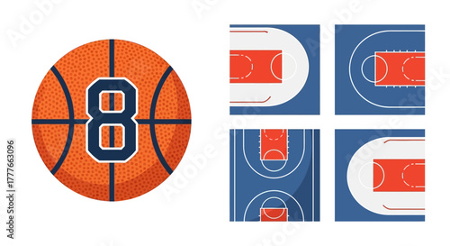 Flat vector basketball illustration of equipment and court depictions for recreation needs