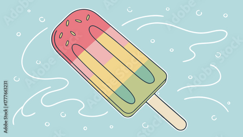 Colorful popsicle with three flavors on a light blue background, perfect for summer treats and refreshing moments, a delightful vector illustration