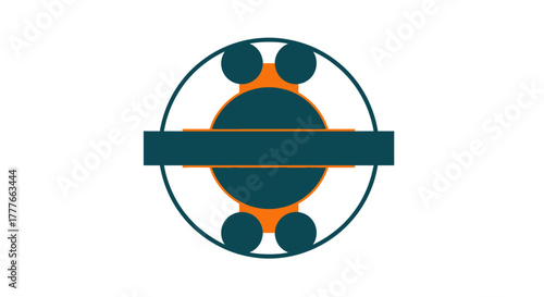 A circular, geometric design with blue, orange and white elements, like a stylized bearing