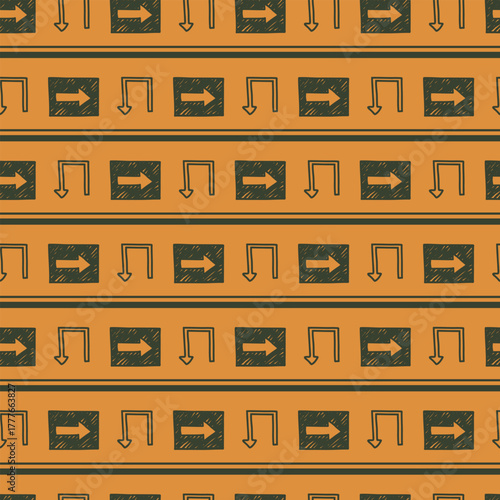 Seamless Stripe Pattern with Doodle Arrow Boxes and U-Shapes