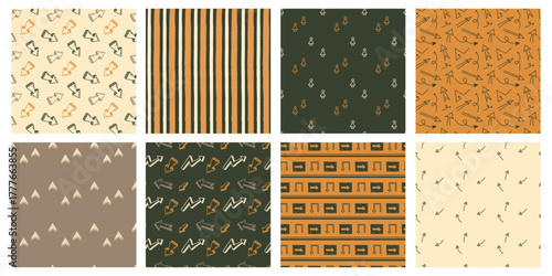 Set of 8 Seamless Doodle Patterns: Arrows, Stripes, and Geometric Shapes in Earthy Tones